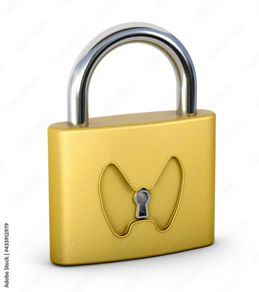 Engraved thyroid shape on a golden lock. Safety concept. 3d illustration.