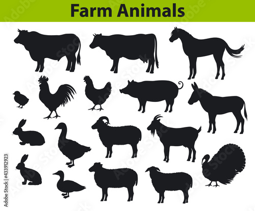farm animals silhouettes set with cow  horse  bull  sheep  goat  donkey  duck  turkey  rabbit  hen  chicken
