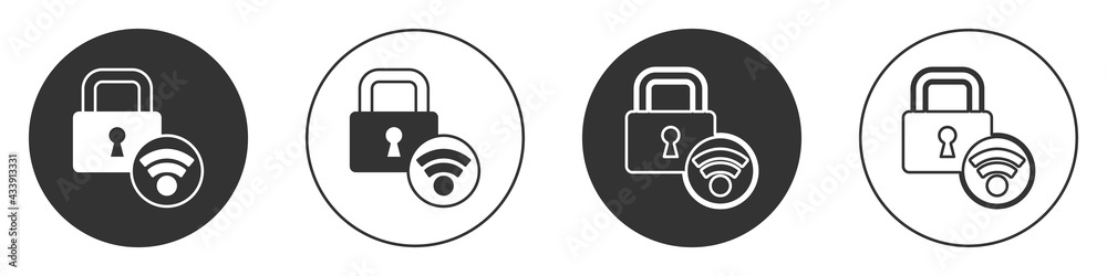 Black Digital door lock with wireless technology for unlock icon isolated on white background. Door handle sign. Security smart home. Circle button. Vector Black Digital door lock with wireless technology for unlock icon isolated on white background. Door handle sign. Security smart home. Circle button. Vector