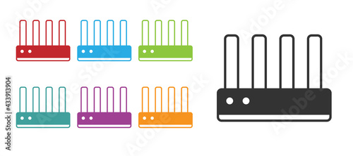 Black Router and wi-fi signal icon isolated on white background. Wireless ethernet modem router. Computer technology internet. Set icons colorful. Vector