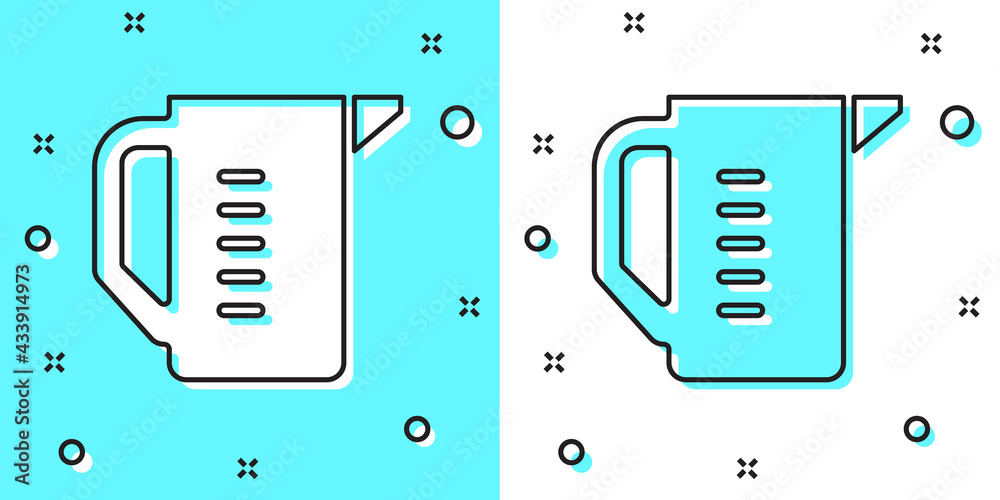 Black line Measuring cup to measure dry and liquid food icon isolated on green and white background. Plastic graduated beaker with handle. Random dynamic shapes. Vector Black line Measuring cup to measure dry and liquid food icon isolated on green and white background. Plastic graduated beaker with handle. Random dynamic shapes. Vector