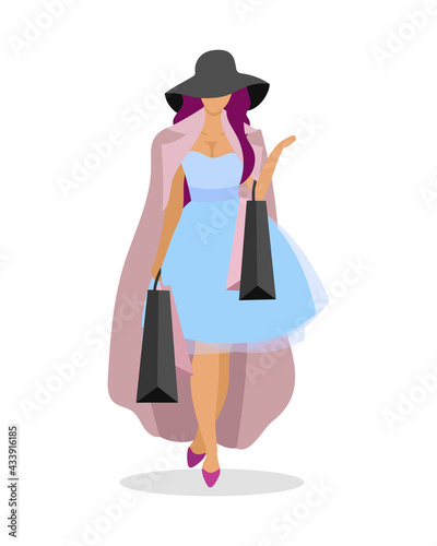 Shopaholic fashionista flat color vector faceless character. Following fashion trends. Compulsive shopper. Visiting clothing boutique isolated cartoon illustration for web graphic design and animation
