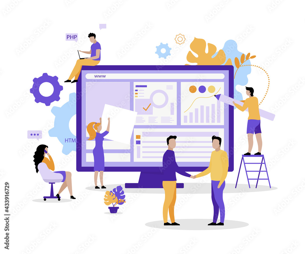 Web development team flat concept vector illustration. Designers, project managers 2D cartoon characters for web design. Supporting product quality. Creating webpages with HTML creative idea