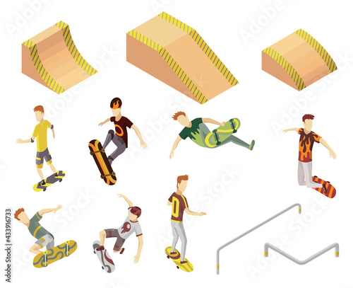 Isometric skatepark set with ramp and other equipment. Sporty mans riding on the skateboard. Modern youth leisure. Recreation playground vector illustration