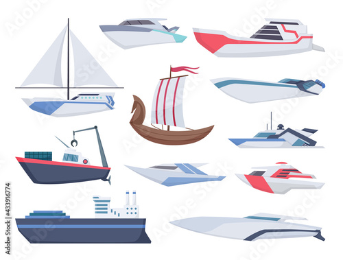 Collection of ships. Sea sailboats of water carriage and maritime transport in modern flat style. Fishing ship and water speedboats isolated transport icons