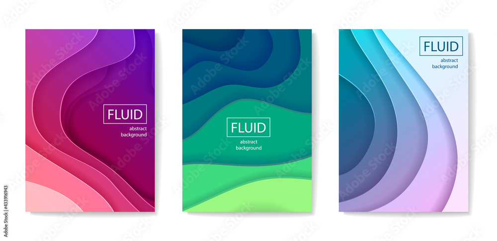 Set of modern abstract fluid banners, posters or flyers. Cut out peper art style design