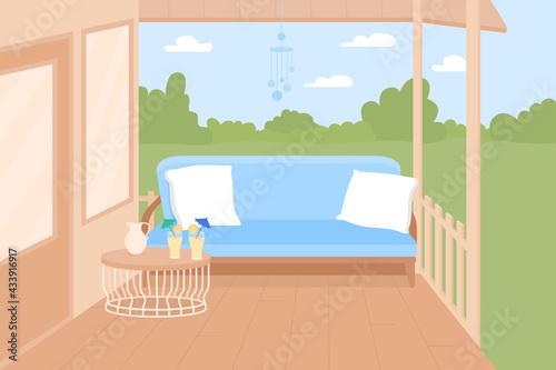 Backyard terrace flat color vector illustration. Private oasis for warm summer days. Comfortable area outside building. Summer-ready outdoor space 2D cartoon patio with green landscape on background
