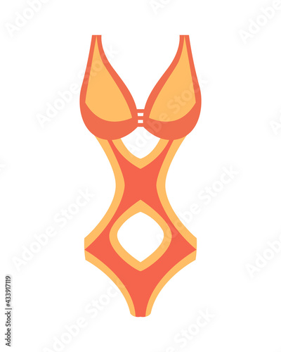 Fashion swimsuit. Flat icon of cartoon trendy female beachwear. One-piece swimming suit or bathing girls and womans underwear lingerie