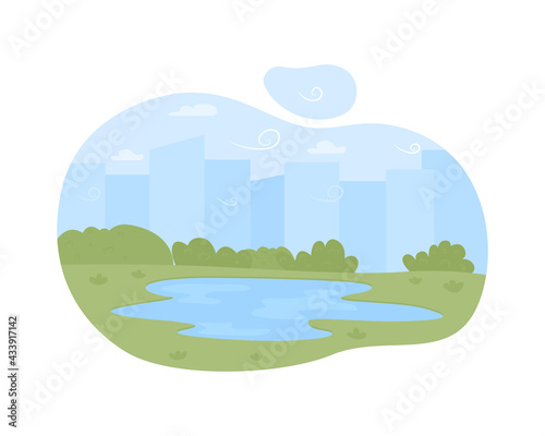 Lake on plains 2D vector web banner, poster. Summer camping and retreat flat object on cartoon background. Picturesque landscape. Large standing water body printable patch, colorful web element