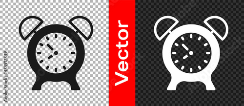 Black Alarm clock icon isolated on transparent background. Wake up, get up concept. Time sign. Vector