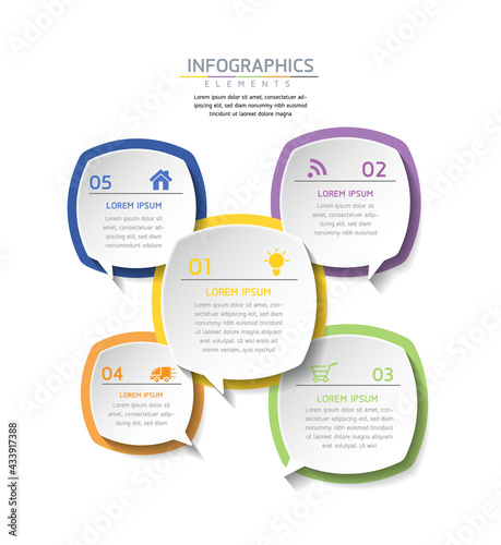 Vector illustration infographics design template, business information, presentation chart, with 5 options or steps. 