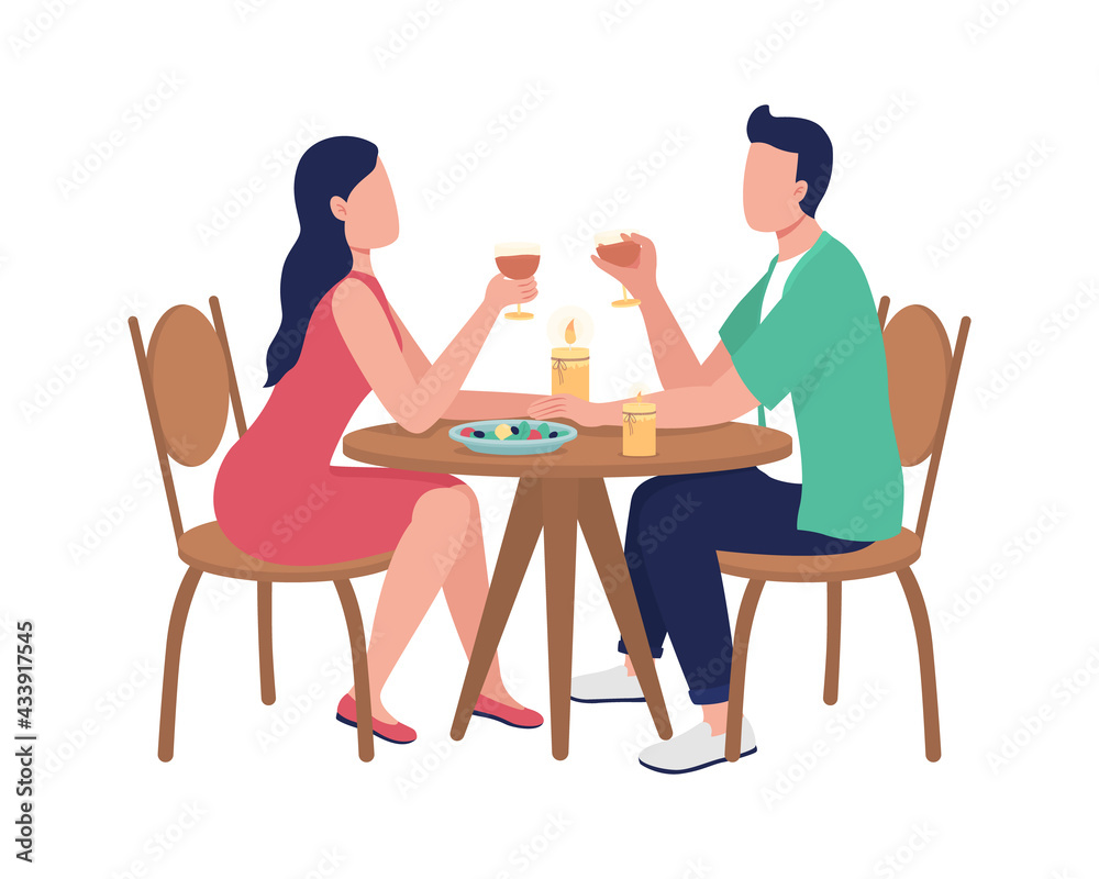 Dining together at restaurant flat color vector faceless characters. Couple spending time at cafe. Drinking with friends isolated cartoon illustration for web graphic design and animation