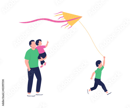 Spending summer time outdoor with family flat color vector faceless characters. All-ages fun hobby. Running flying kite isolated cartoon illustration for web graphic design and animation