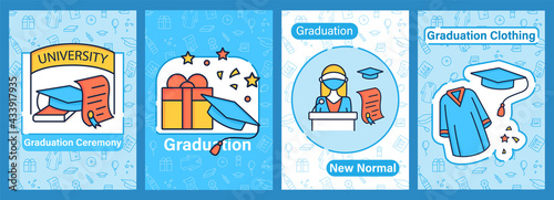 Graduation brochure icon.Education new normal, special clothing, graduate ceremony, university, gift template.Flyer,magazine, poster.Graduate infographic concept.Layouts illustrations pages with icons