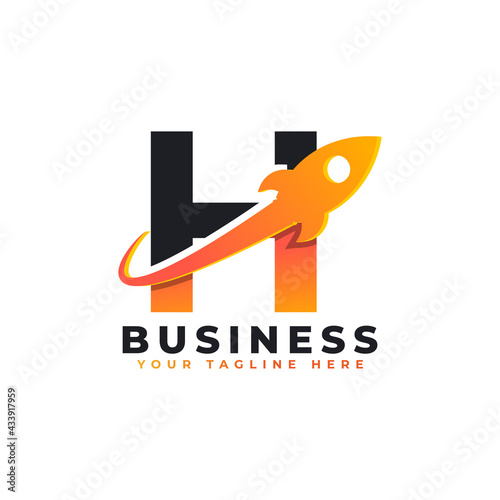 Letter H with Rocket Up and Swoosh Logo Design. Creative Letter Mark Suitable for Company Brand Identity, Travel, Start up, Logistic, Business Logo Template
