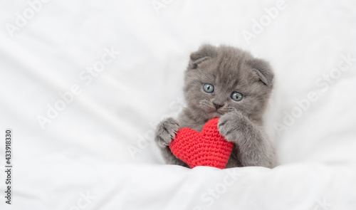 Funny kitten hugs red heart on a bed under warm white blanket. Valentines day concept. Top down view. Empty space for text