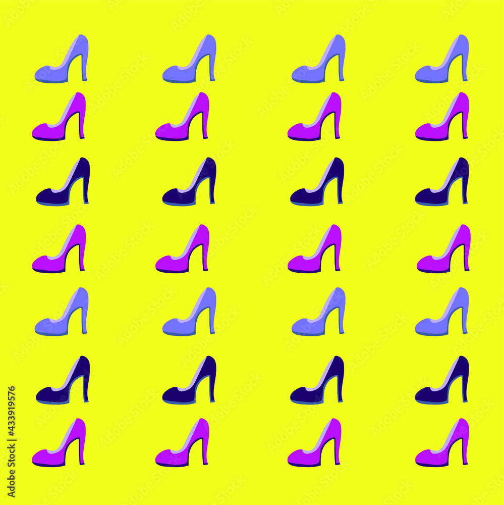 Obraz premium Set of women's fashionable beautiful high-heeled shoes. A repeating graphic design with multicolored shoes on a yellow background. Can be used as a template for creating trendy shoes, packaging, print