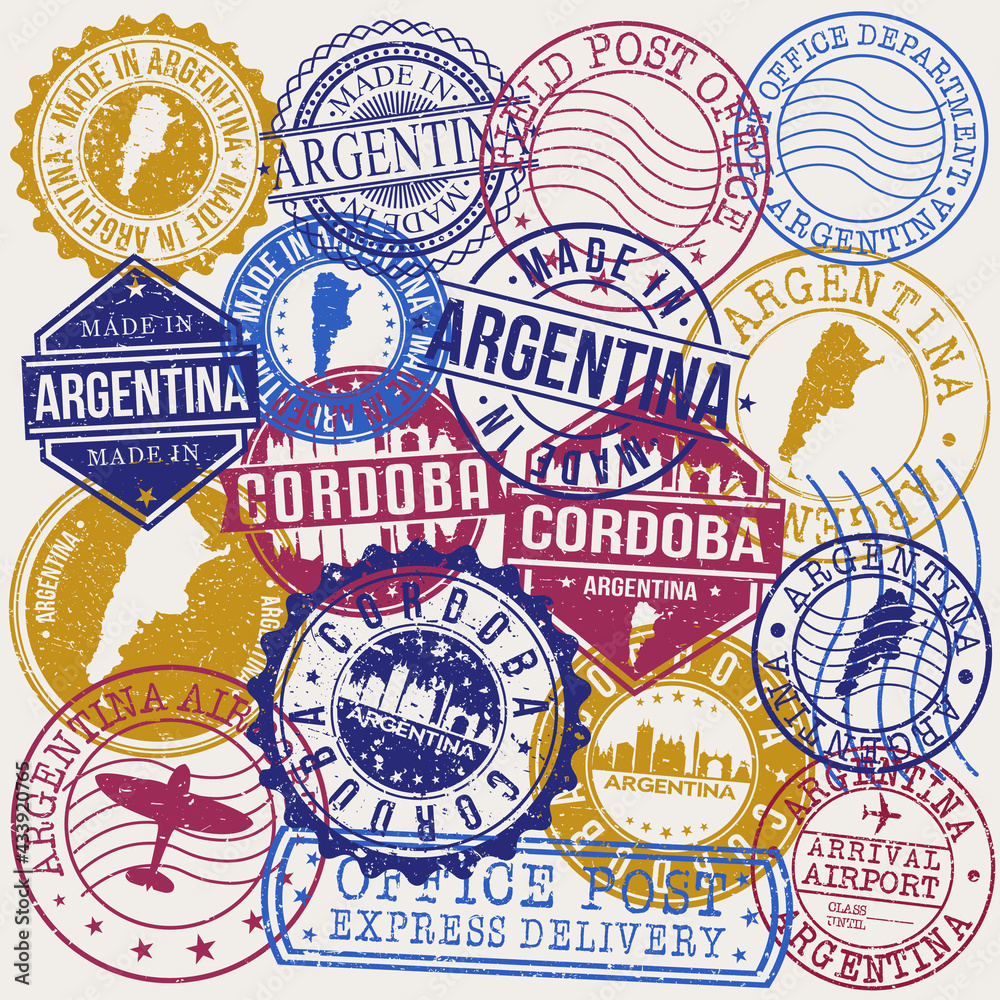 Cordoba Argentina Set of Stamps. Travel Stamp. Made In Product. Design Seals Old Style Insignia.