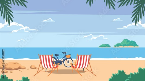 a sunny view of a beach with chair, umbrella, bicycle and coconut
