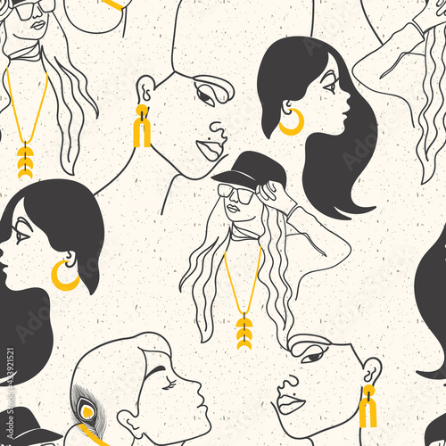 Elegant Women Face Fashion Gold Jewelry Vector Seamless Pattern
