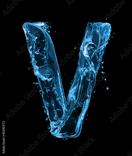 Latin letter V made of water splashes on a black background