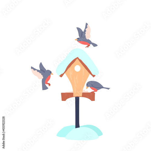Bird feeder and birds. Feeding birds in winter. Vector illustration