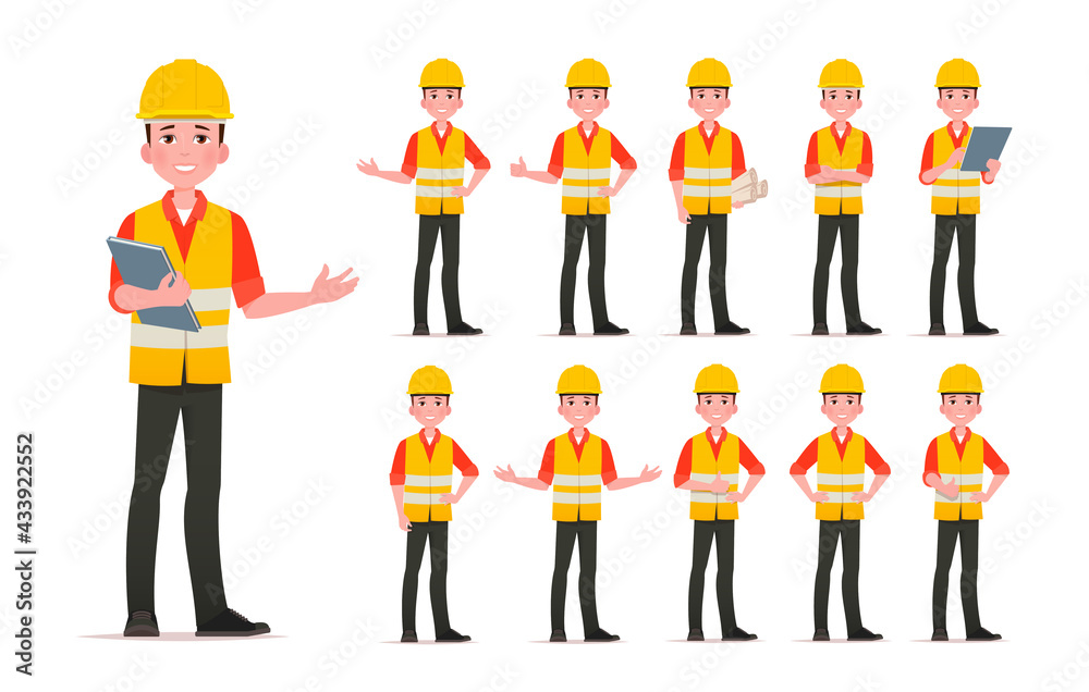 Engineer or builder character set. Vector illustration cartoon character. Engineer or builder character set. Vector illustration cartoon character.