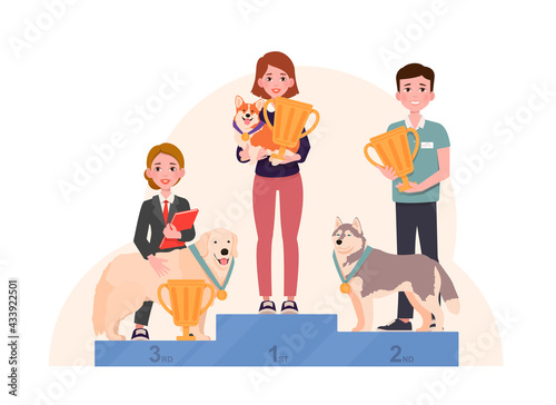 Dogs with winning medals stand on winner pedestal with their owners holding gold cups. Champions on podium. Vector illustration isolated on white