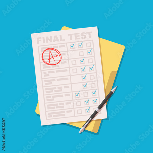 Vector flat exam sheet with A plus grade. Education test.