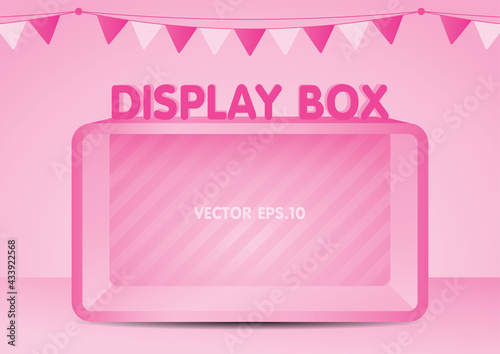 Pink shelf box display 3d illustration vector for putting your object with cute rail flag on pastel pink background