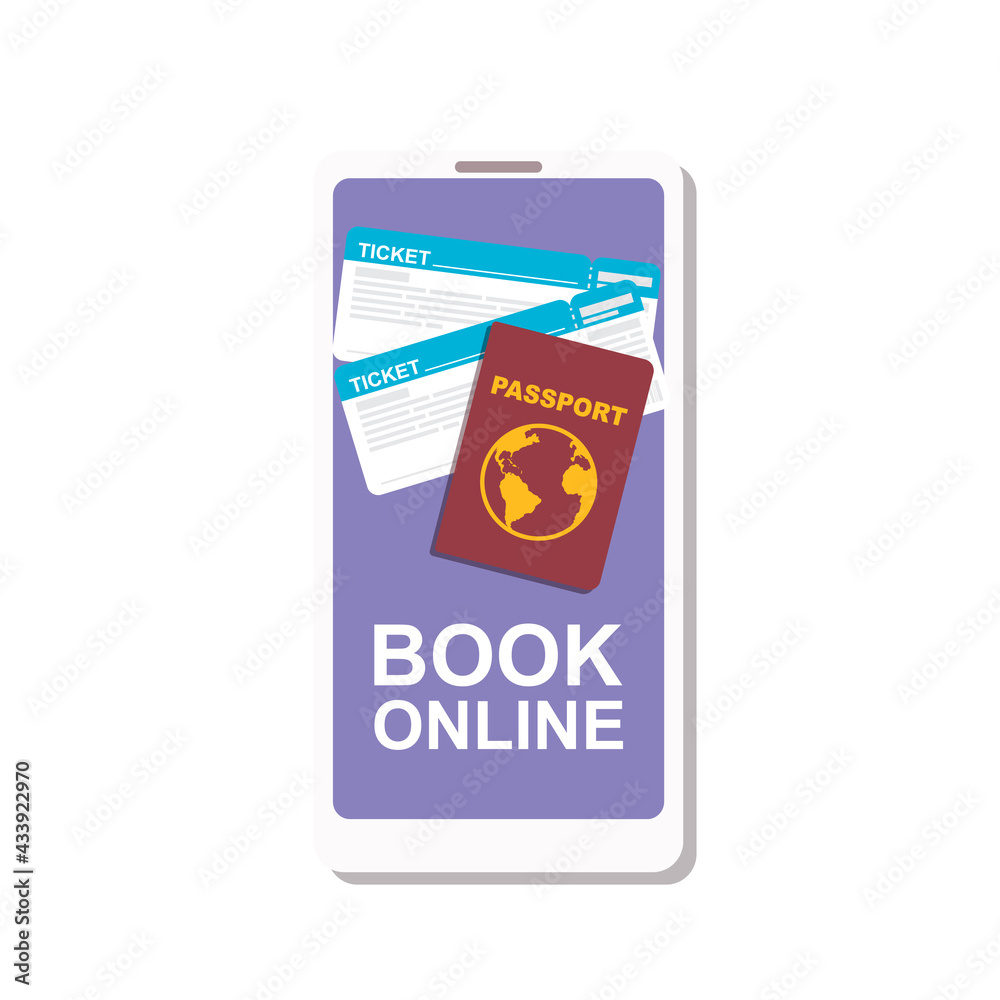 Smartphone with book button, passport and tickets on screen. Online booking application concept. Vector illustration