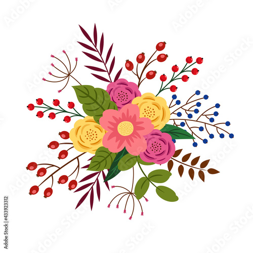 Floristic composition of flowers, leaves and berries. Vector illustration.