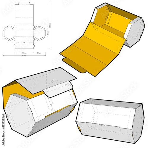 Hexagonal self assembly packaging and Die-cut Pattern. Ease of assembly, no need for glue. The .eps file is full scale and fully functional. Prepared for real cardboard production.