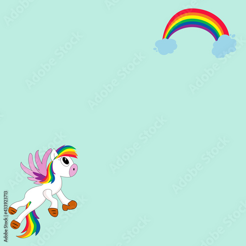 Cute fantasy white unicorn is going to  colorful colors rainbow on light blue background.Vector isolate flat design concept for kids noted paper, poster, card or for Print for t-shirt or sicker .