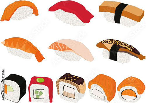 Sushi and roll different types and ingredients vector illustration set