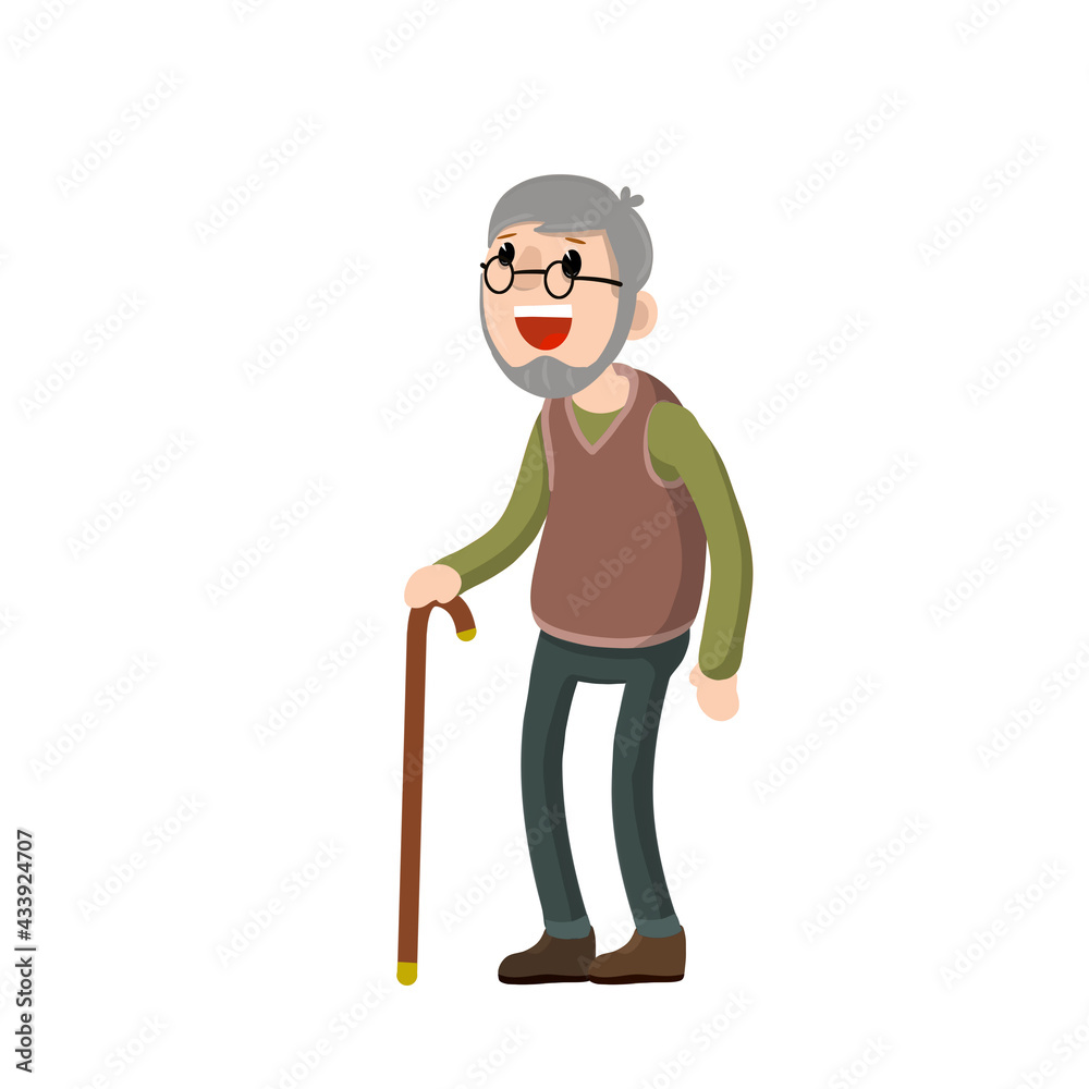 Funny old man with cane. Senior and Active Lifestyle, recreation grandfather. Cartoon flat illustration.