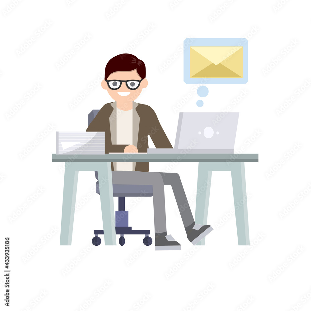 Young man sit at table with computer and receives letter. e-mail in messenger. Cartoon flat illustration. Work in office. postal envelope in bubble, chat with friends on Internet