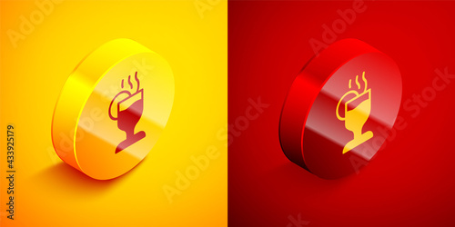 Isometric Mulled wine with glass of drink and ingredients icon isolated on orange and red background. Cinnamon stick, clove, lemon slice. Circle button. Vector