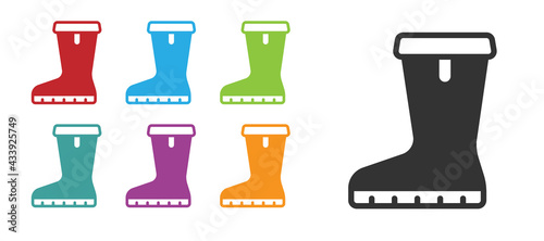 Black Waterproof rubber boot icon isolated on white background. Gumboots for rainy weather, fishing, gardening. Set icons colorful. Vector