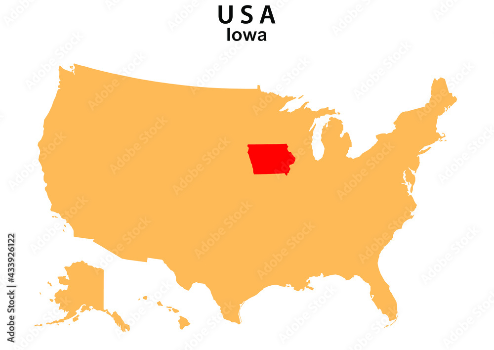 Iowa State map highlighted on USA map. Iowa  map on United state of America.