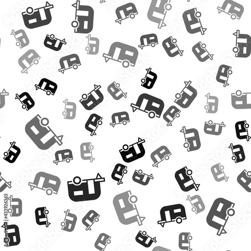 Black Rv Camping trailer icon isolated seamless pattern on white background. Travel mobile home, caravan, home camper for travel. Vector