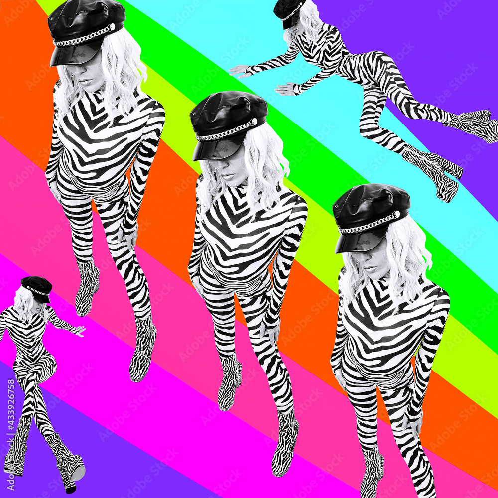 Contemporary digital funky minimal collage poster. Party stylish zebra Girl in colorful space. Back in 90s. Pop art zine fashion culture. Contemporary digital funky minimal collage poster. Party stylish zebra Girl in colorful space. Back in 90s. Pop art zine fashion culture.
