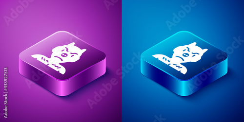 Isometric Krampus, heck icon isolated on blue and purple background. Horned devil. Traditional Christmas devil. Happy Halloween party. Square button. Vector