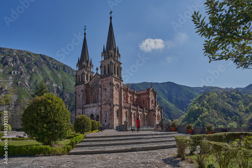 Basilica of Santa Mar  a la Real de Covadonga  Cuadonga  in Asturias  Asturies . Neo-Romanesque style temple designed by Roberto Frassinelli and built entirely in pink limestone.