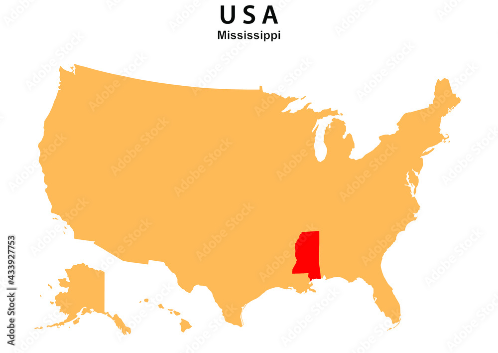 Mississippi State map highlighted on USA map. Mississippi map on United state of America.