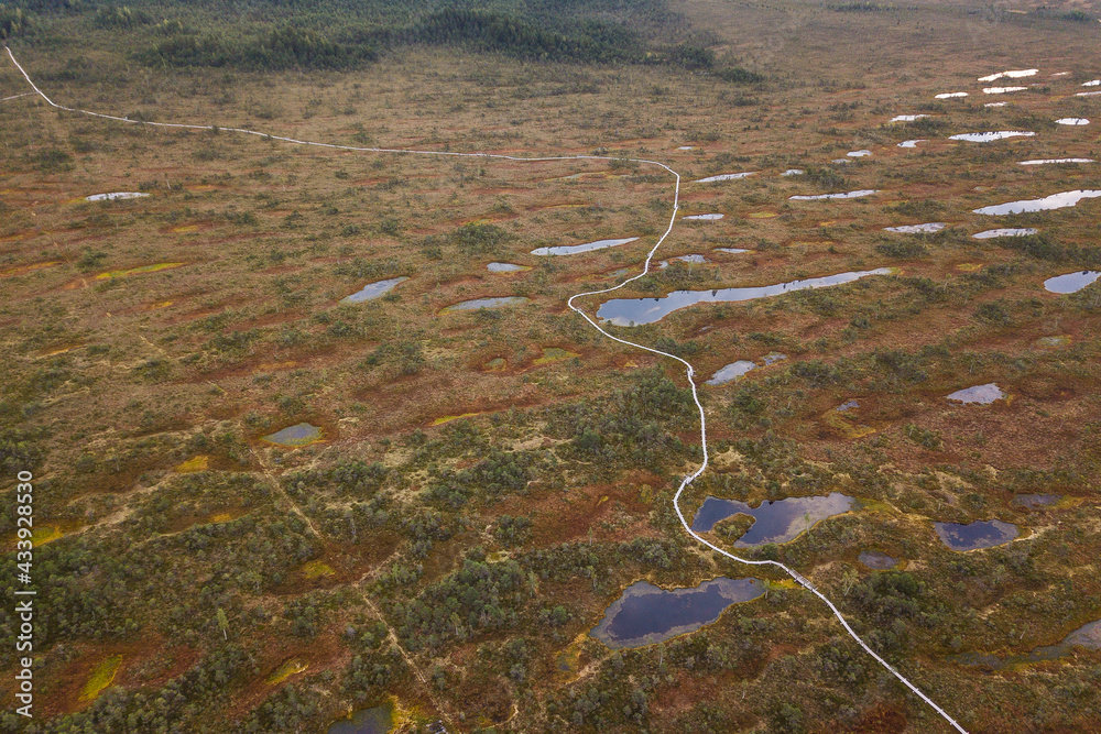 Aerial view of swamp and wooden path in Kemeri national park during sunrise, Latvia. Aerial view of swamp and wooden path in Kemeri national park during sunrise, Latvia.