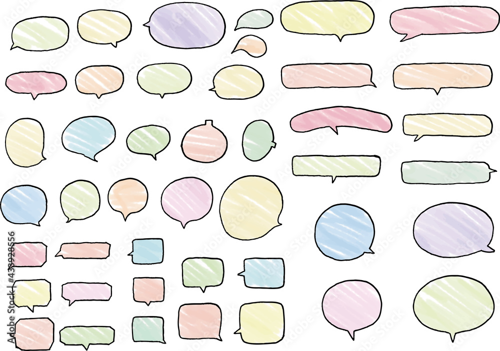 A set of colored speech bubbles drawn with a thick pen.