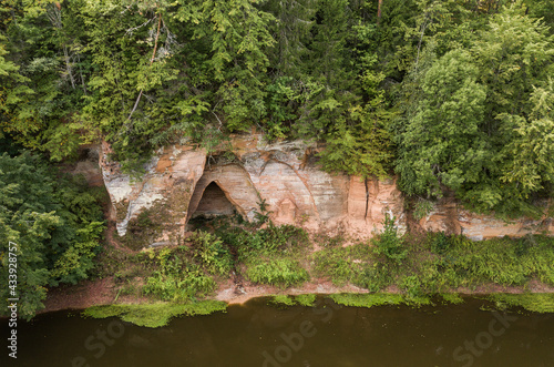 Boat trip down the river Salaca. Beautiful sand stone cliffs  Latvia. Captured from above.