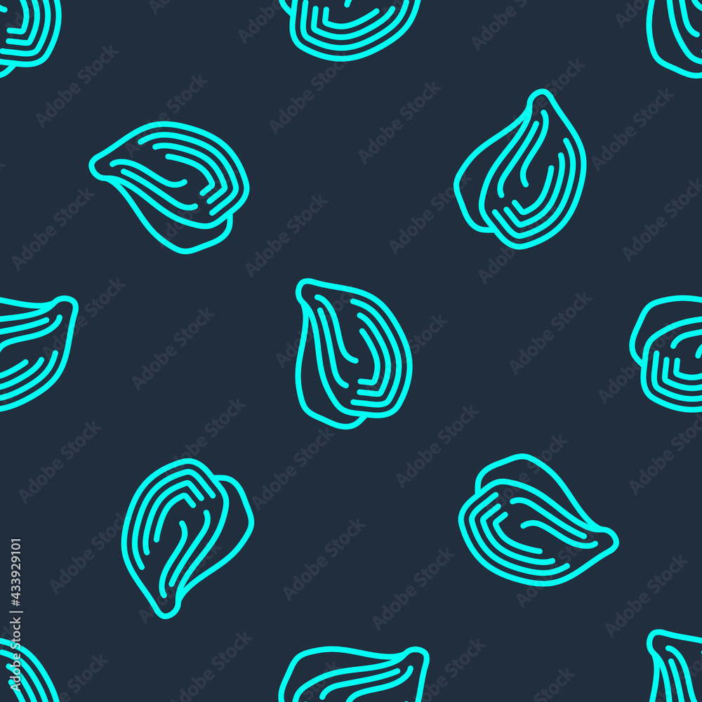 Green line Mussel icon isolated seamless pattern on blue background. Fresh delicious seafood. Vector