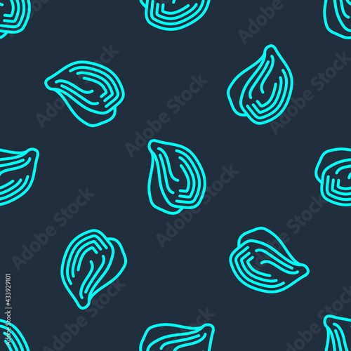 Green line Mussel icon isolated seamless pattern on blue background. Fresh delicious seafood. Vector